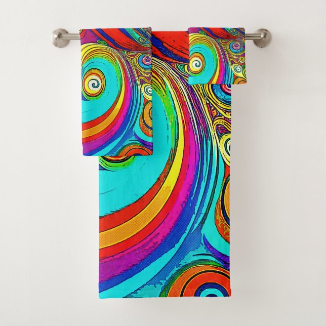 Colorful Groovy Rainbow Swirls Bath Towel Set (Insitu)