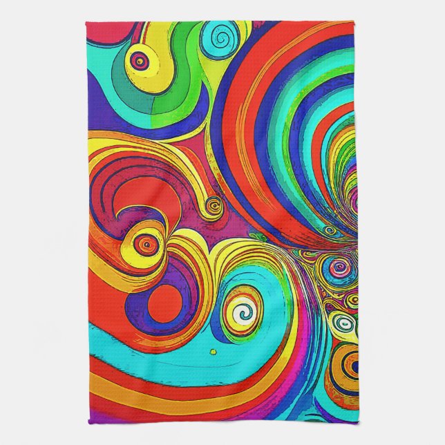 Colorful Groovy Rainbow Swirls Kitchen Towel (Vertical)