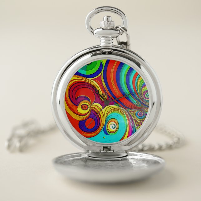 Colorful Groovy Rainbow Swirls Pocket Watch (Inside)