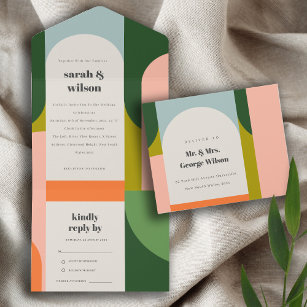 Colorful Groovy Retro Arch Abstract Bold Wedding All In One Invitation