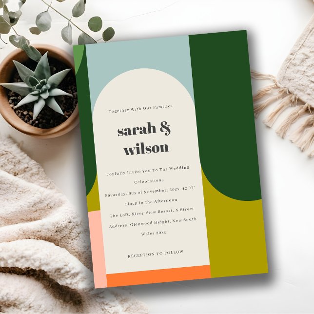 Colorful Groovy Retro Arch Abstract Bold Wedding Invitation (Creator Uploaded)