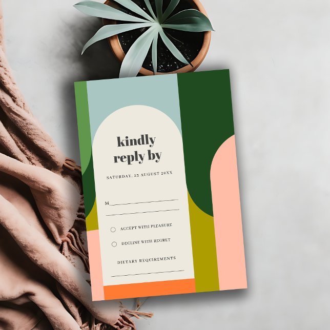 Colorful Groovy Retro Arch Abstract Bold Wedding RSVP Card (Creator Uploaded)