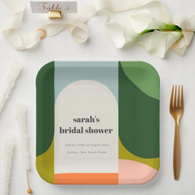 Colorful Groovy Retro Arch Abstract Bridal Shower Paper Plates (Wedding)