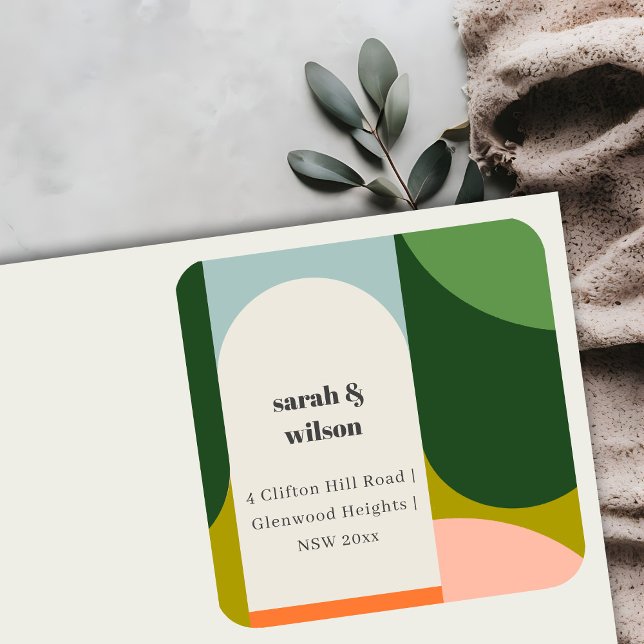 Colorful Groovy Retro Arch Bold Abstract Address Square Sticker (Creator Uploaded)