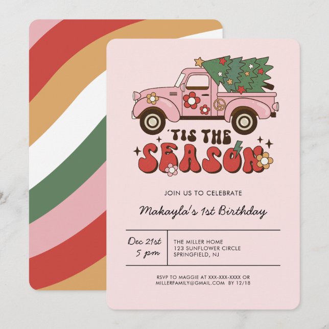 Colorful Groovy Retro Christmas Birthday Invitation (Front/Back)