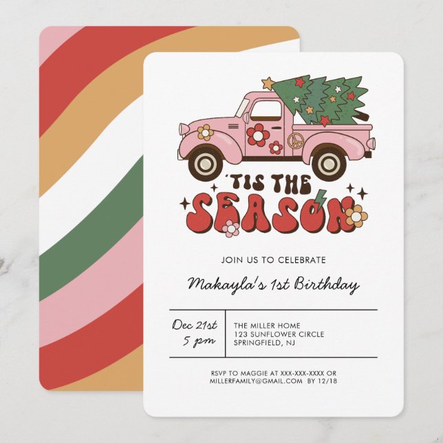 Colorful Groovy Retro Christmas Birthday  Invitation (Front/Back)