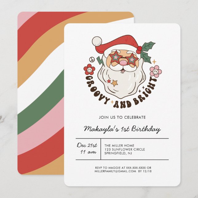 Colorful Groovy Retro Christmas Birthday  Invitation (Front/Back)