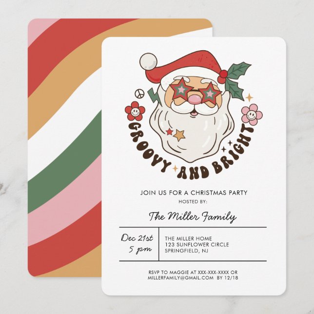 Colorful Groovy Retro Christmas Party  Invitation (Front/Back)