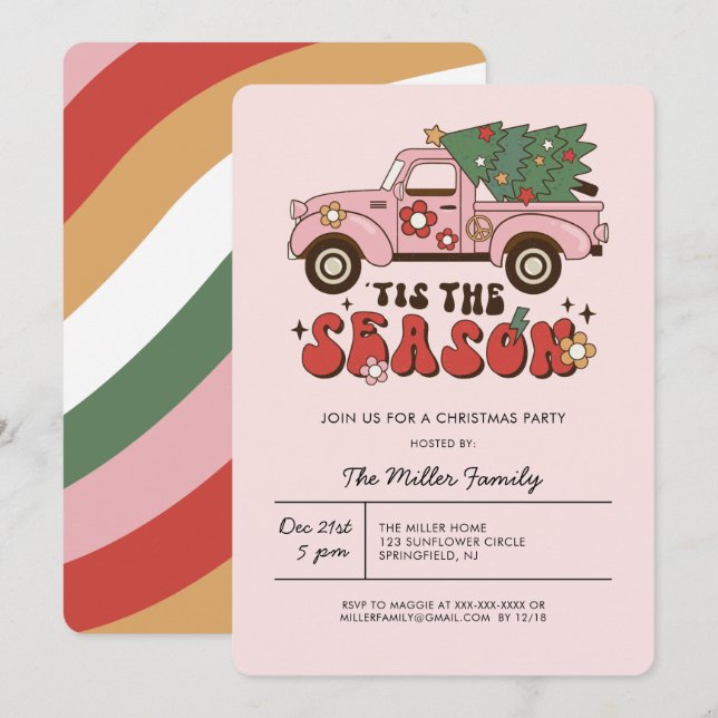 Colorful Groovy Retro Christmas Party  Invitation (Front/Back)