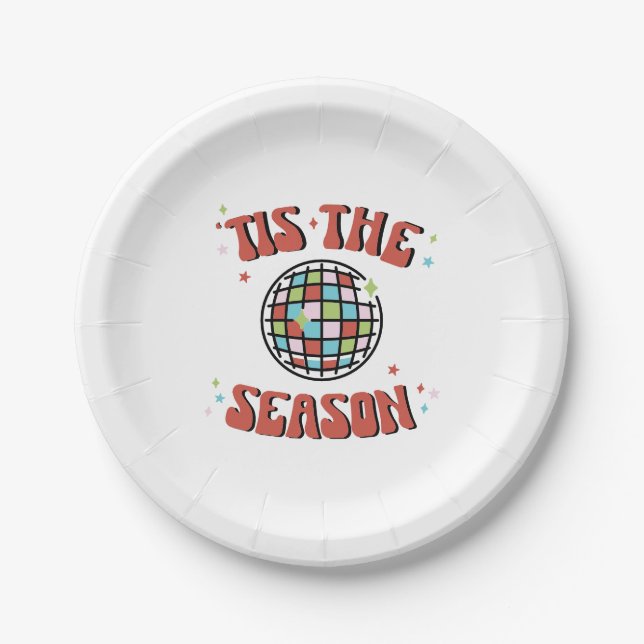 Colorful Groovy Retro Disco Christmas Party Paper Plates (Front)