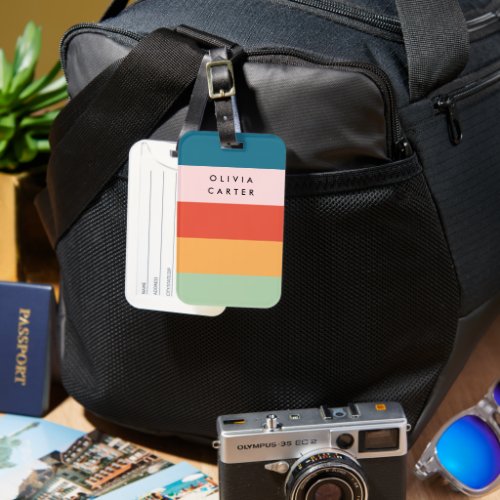 Colorful Groovy Retro Horizontal Stripe Name Luggage Tag