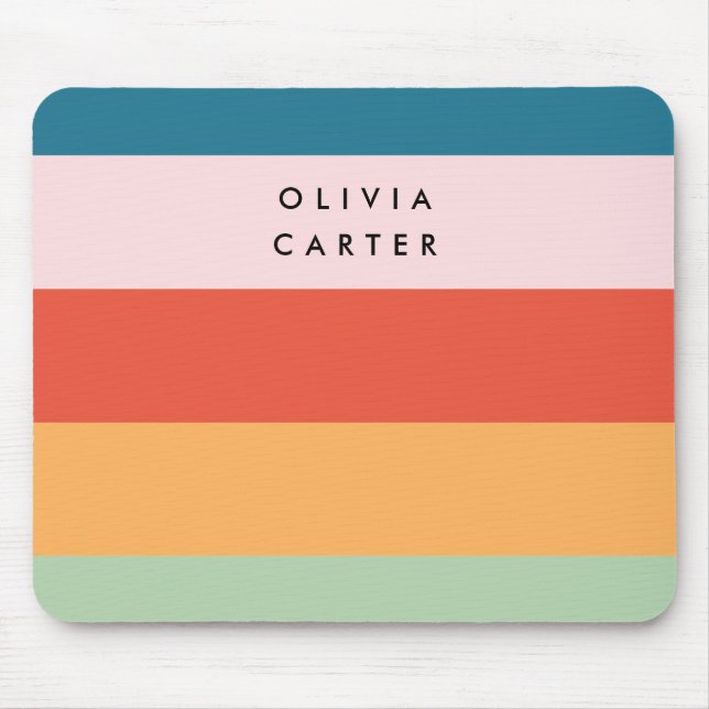 Colorful Groovy Retro Horizontal Stripe Name Mouse Pad (Front)
