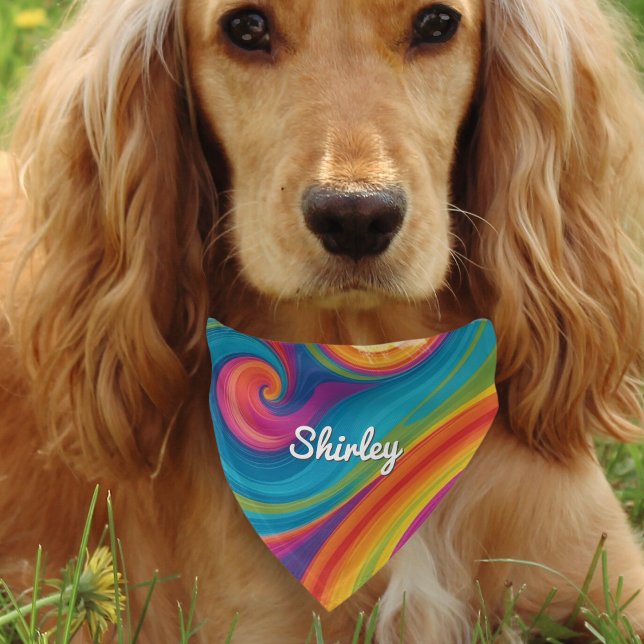 Colorful Groovy Swirls Cool Retro Personalized Pet Bandana Collar (A cool dog bandana with colorful retro swirly design, and custom name in elegant script typography)