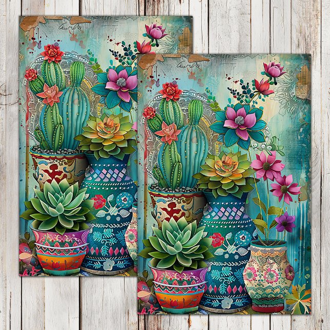 COLORFUL GROUP OF BLOOMING SUCCULENTS DECOUPAGE TISSUE PAPER (COLORFUL GROUP OF BLOOMING SUCCULENTS DECOUPAGE TISSUE PAPER)
