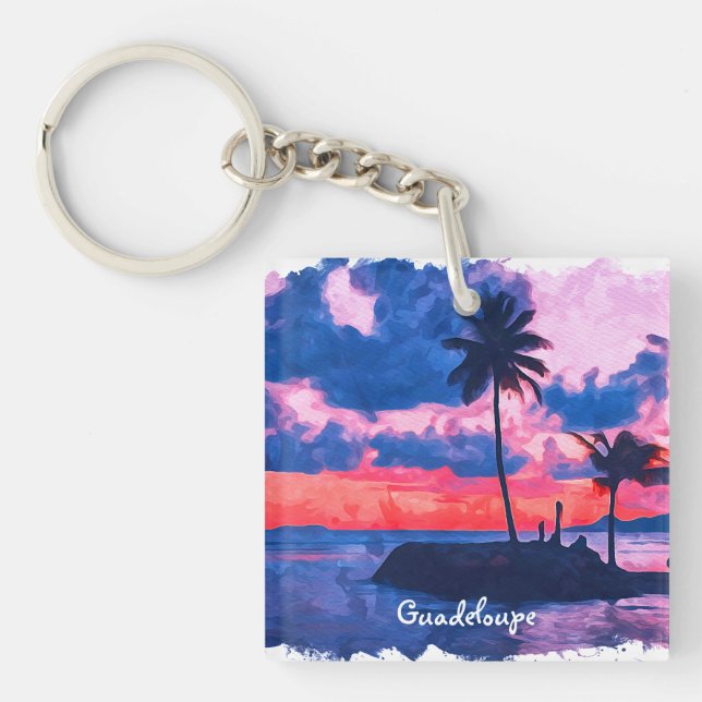 Colorful Guadeloupe Caribbean Island Watercolor Keychain (Front)