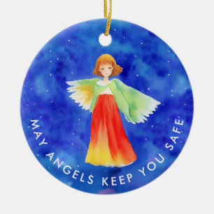 Colorful Guardian Angel Blessings Blue Watercolor Ceramic Ornament