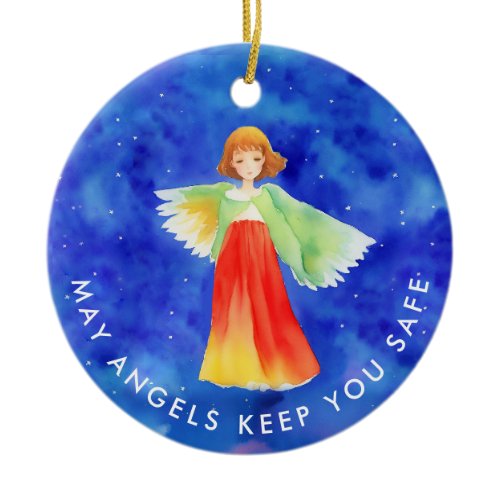 Colorful Guardian Angel Blessings Blue Watercolor Ceramic Ornament