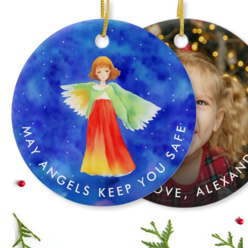 Colorful Guardian Angel Watercolor And Your Photo Ceramic Ornament