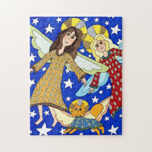 Colorful Guardian Angels Sky Stars Unique Folk Art Jigsaw Puzzle