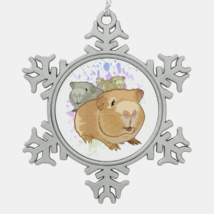 Colorful Guinea Pig Trio Rainbow Paint Splash Snowflake Pewter Christmas Ornament