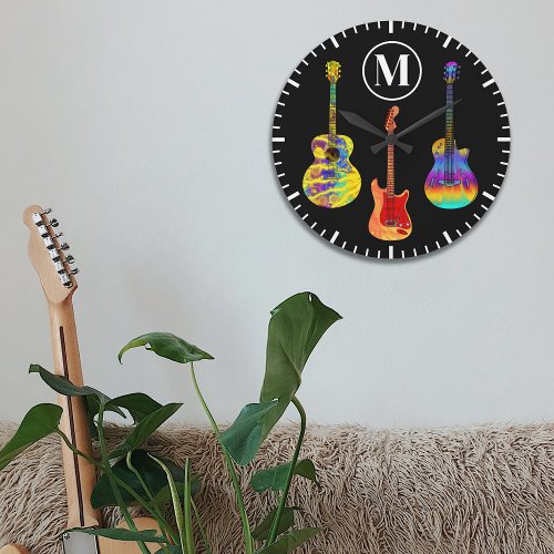 Colorful Guitar Black Monogram Large Clock