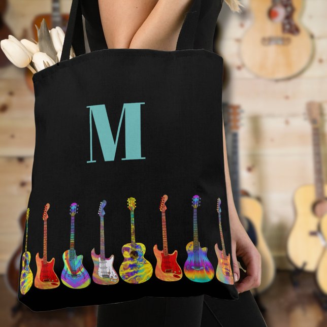 Colorful Guitar Monogram Tote Bag (Colorful guitar monogram custom tote bag for guitarists musicians music teachers )