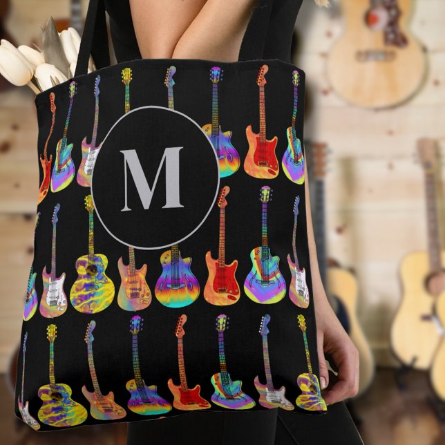Colorful Guitar Monogram Tote Bag (guitar monogram custom tote bag psychedelic guitars on black for guitarists musicians music teachers)