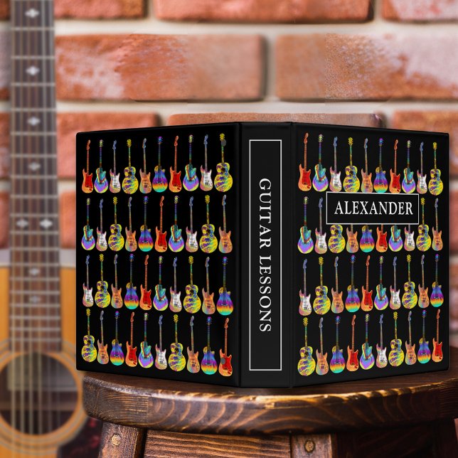 Colorful guitar music 3 ring binder (Colorful guitar pattern on black custom binder monogram name for guitarist musician & music teachers)