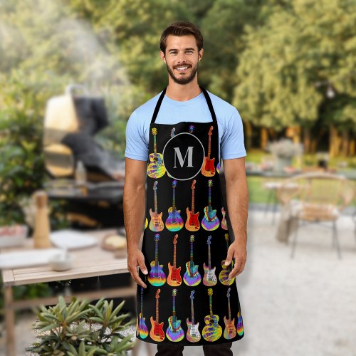 Colorful Guitar Pattern Monogram Apron