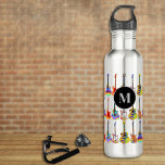 Colorful Guitar Pattern Monogram Stainless Steel Water Bottle<br><div class="desc">An idea gift for music teachers, guitarists, musicians and music students. Funky electric guitars, acoustic guitars and semi acoustic guitars pattern on black personalized monogram water bottle in vibrant pop art bright colors. Easy to customize using the monogram initial and name template. This fun colorful guitar design celebrates the energy...</div>