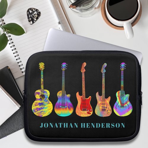 Colorful Guitar Pattern on Black add Name Laptop Sleeve