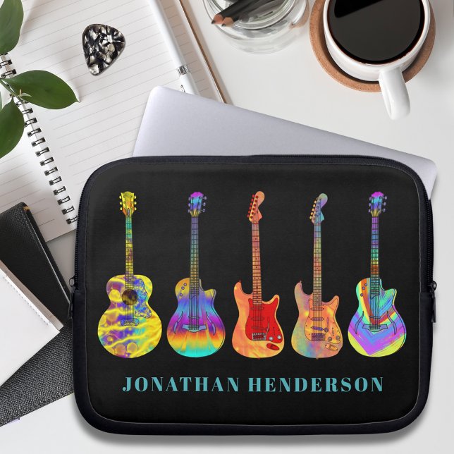Colorful Guitar Pattern on Black add Name Laptop Sleeve (Colorful guitar pattern on black personalized name laptop sleeve guitarist or musician gift)