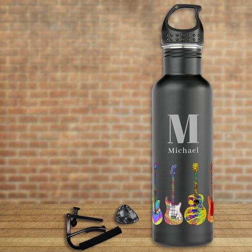 Colorful Guitar Pattern on Black add Name Stainless Steel Water Bottle