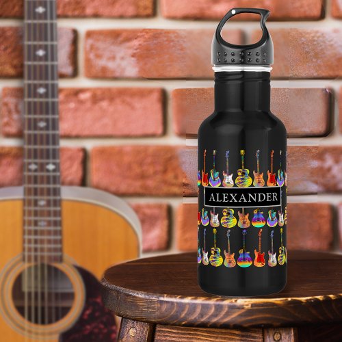 colorful guitar Pattern on Black add Name Stainless Steel Water Bottle