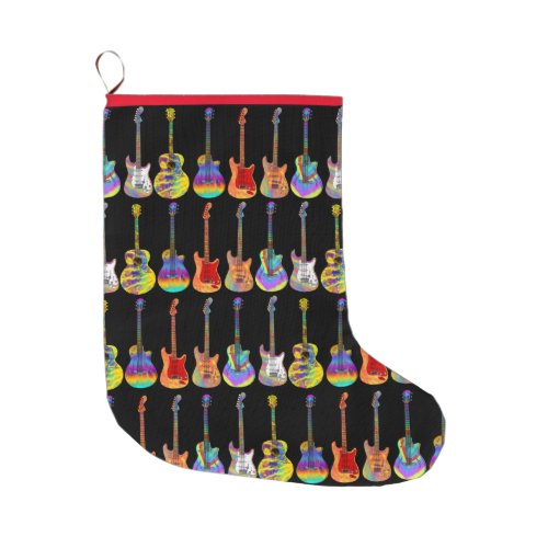 Colorful Guitar Pattern on Black Large Christmas Stocking