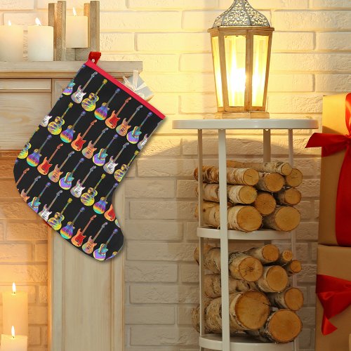 Colorful Guitar Pattern on Black Large Christmas Stocking