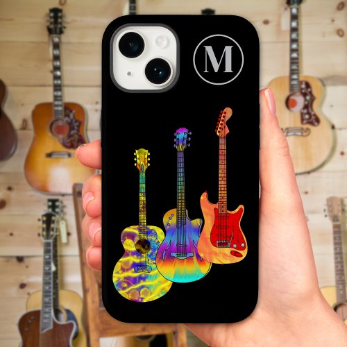Colorful guitar Pattern on Black Monogram Initial  Case_Mate iPhone 14 Case