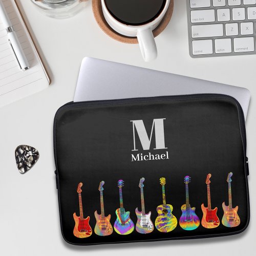 Colorful Guitar Pattern on Black Monogram  Laptop Sleeve