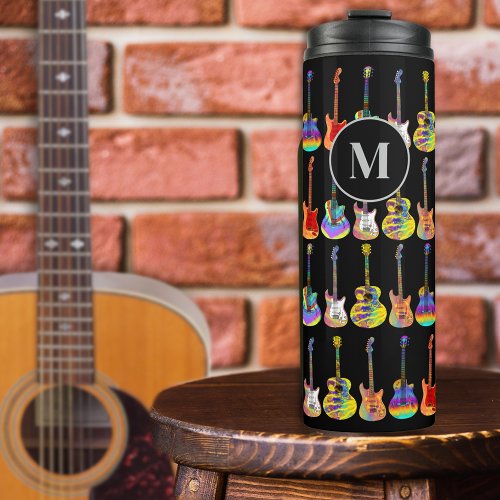 Colorful Guitar Pattern on Black Monogram Thermal Tumbler