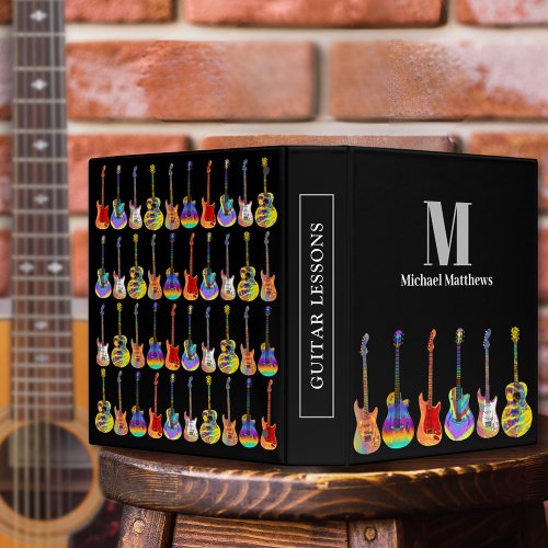 Colorful Guitar Pattern on Black Music Lessons 3 Ring Binder