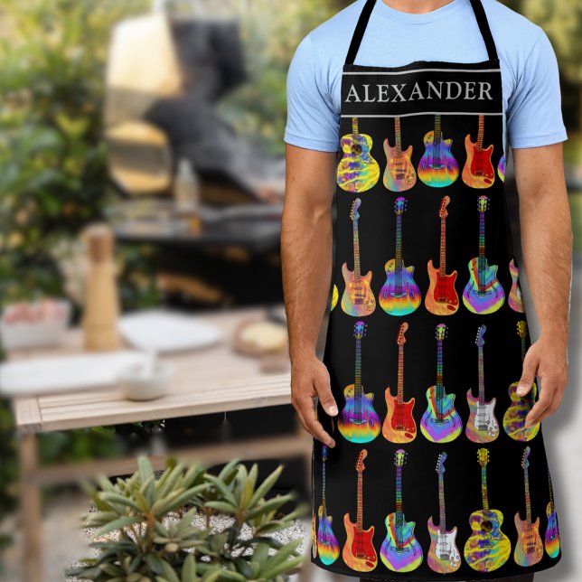 colorful guitar player personalized  apron (Personalized vibrant colorful guitar pattern monogram name apron personalized for him Guitar player)