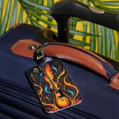 Colorful guitar with swirling flames luggage tag