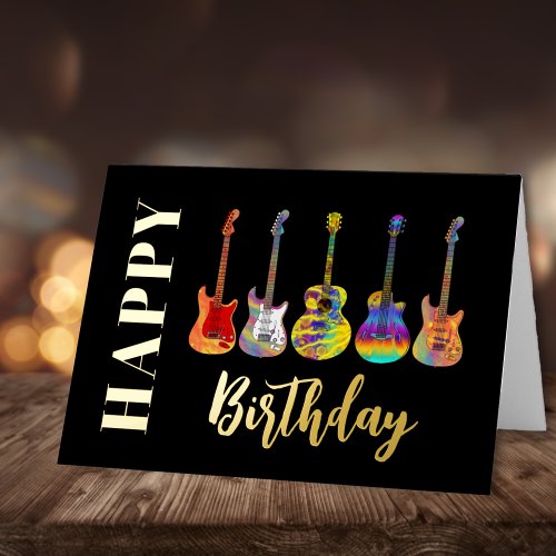 Colorful Guitars Happy Birthday Black and Gold Foil Greeting Card