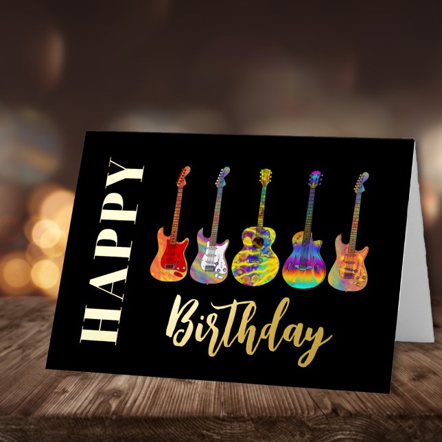 Colorful Guitars Happy Birthday Black and Gold Foil Greeting Card (Colorful guitar black gold foil happy birthday greetings card for musicians guitarists music lovers)