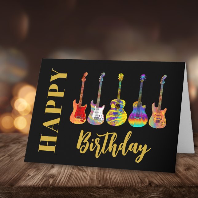 Colorful Guitars Happy Birthday Card (Guitar happy birthday black and gold music themed greeting card)