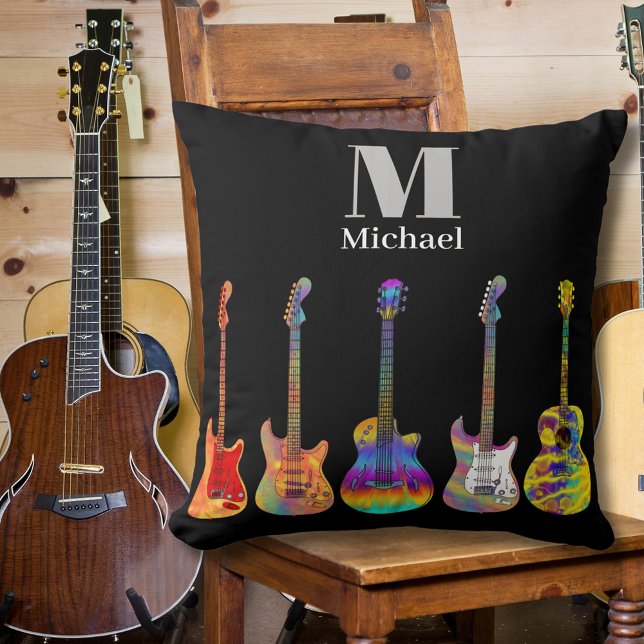 Colorful Guitars Monogram Black Throw Pillow (Colorful guitar pattern custom monogram black pillow for guitarists musicians music guitar teachers)