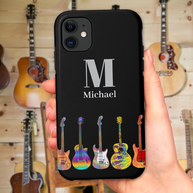 Colorful Guitars Monogram Case-Mate iPhone Case (Cool monogram colorful guitars black phone case)