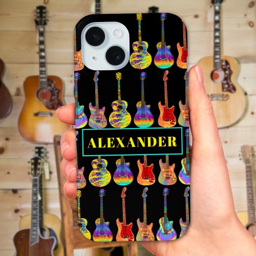 Colorful Guitars on Black add Name iPhone 15 Case