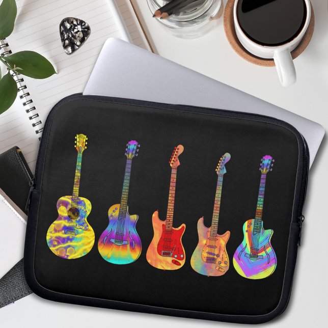 Colorful Guitars on Black Laptop Sleeve (Colorful guitar pattern on black cool guitarist musician laptop sleeve)