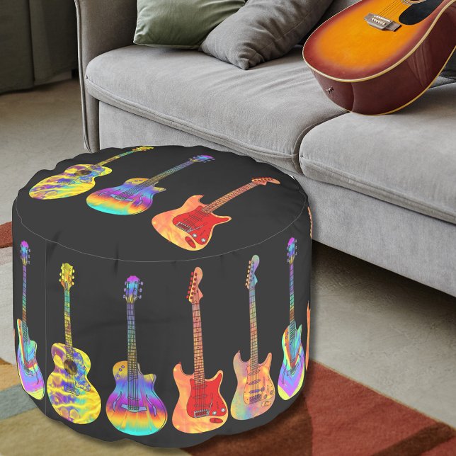 Colorful guitars  pouf (Cool colorful guitars black round pouf for guitar players and musicians)